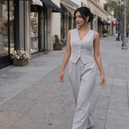 Women's 2-Piece Elegant Outfit - Sleeveless Single-Breasted Vest and Long Pants