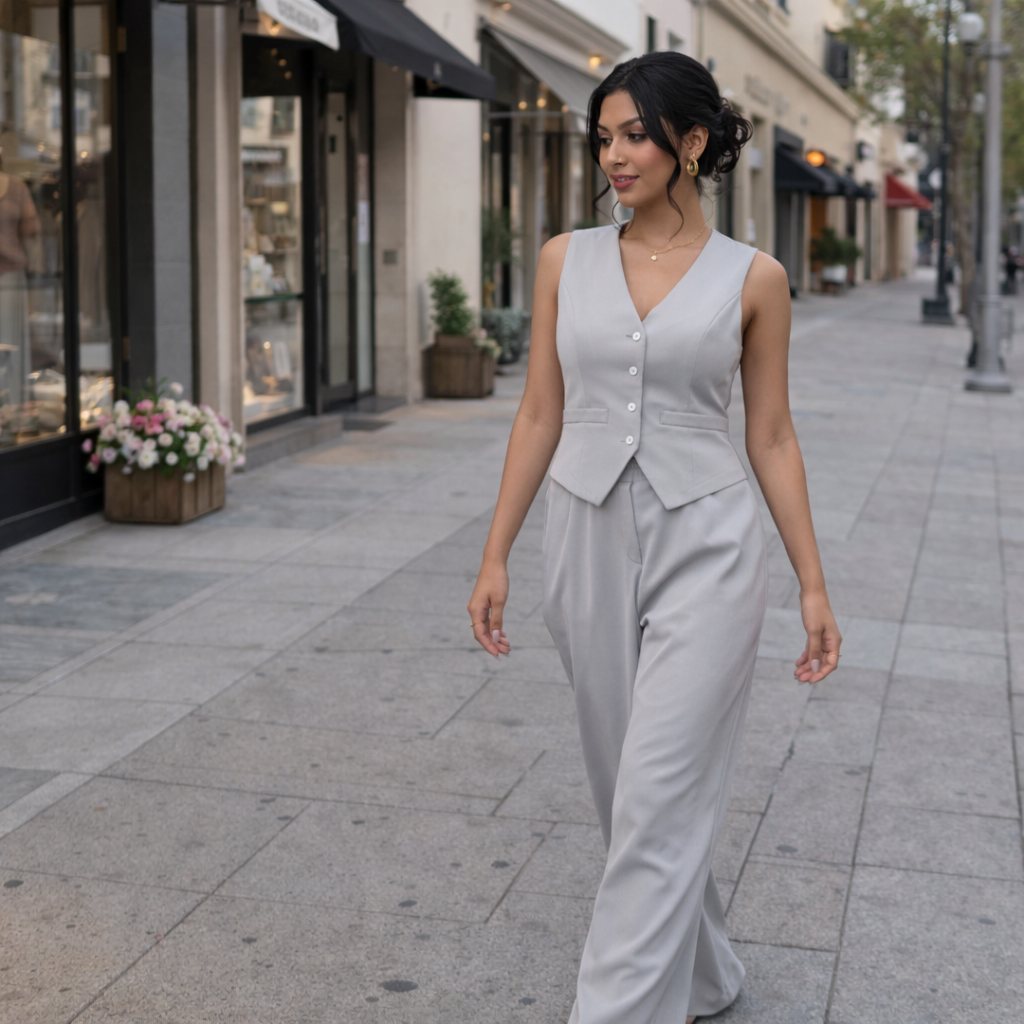 Women's 2-Piece Elegant Outfit - Sleeveless Single-Breasted Vest and Long Pants