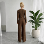 Completo Donna  2 Pezzi - Top Scollo V Incrociato e Pantaloni Lunghi Marrone