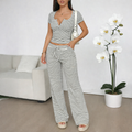 Women's 2-Piece Sporty Outfit - Button-Up Top and Black White Striped Pants