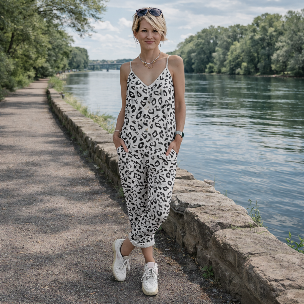 Women's Jumpsuit with Straps - Casual Summer Leopard Print