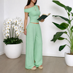 Completo Donna 2 Pezzi - Pantaloni a Gamba Larga e Top a Maniche 3/4