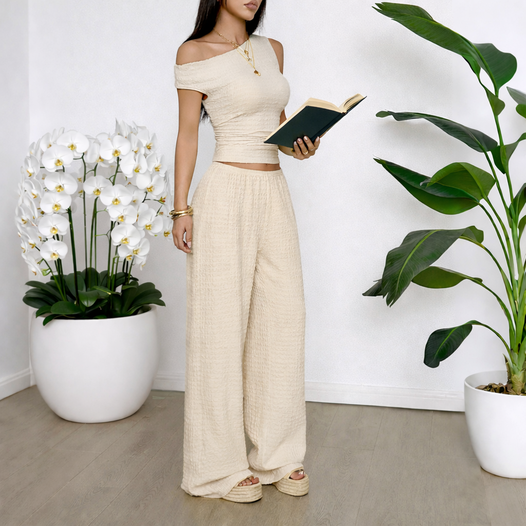 Completo Donna 2 Pezzi - Pantaloni a Gamba Larga e Top a Maniche 3/4
