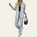 Women's Casual Chic Suit - Notched Lapel Jacket and High-Waisted Striped Trousers