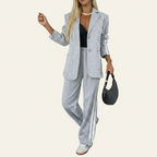 Women's Casual Chic Suit - Notched Lapel Jacket and High-Waisted Striped Trousers