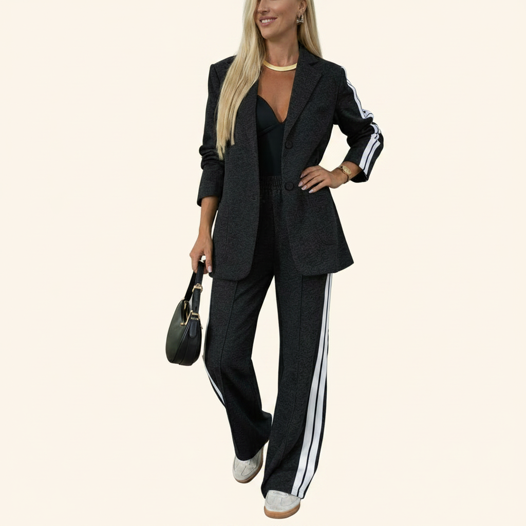 Tailleur Donna Casual Chic - Giacca con Revers a Tacca e Pantaloni Vita Alta a Righe