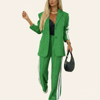 Women's Casual Chic Suit - Notched Lapel Jacket and High-Waisted Striped Trousers