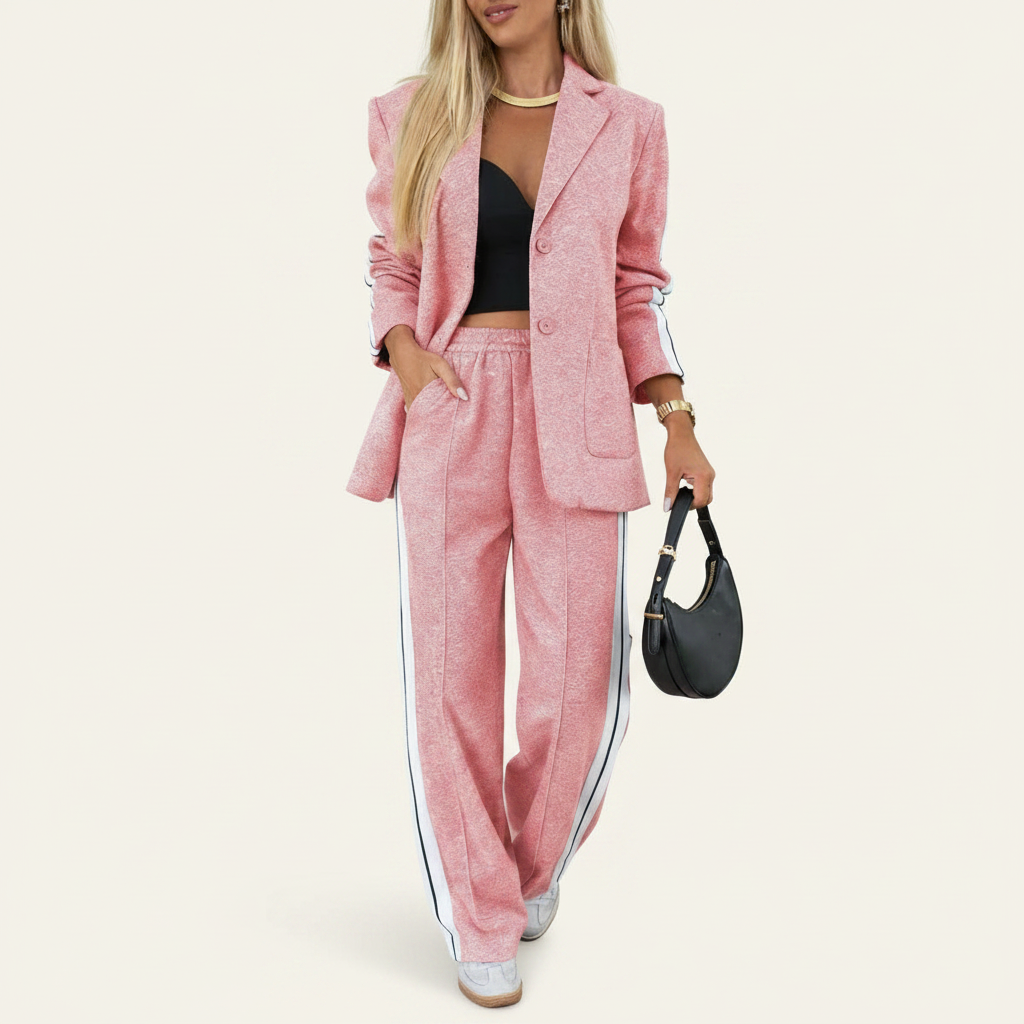 Tailleur Donna Casual Chic - Giacca con Revers a Tacca e Pantaloni Vita Alta a Righe