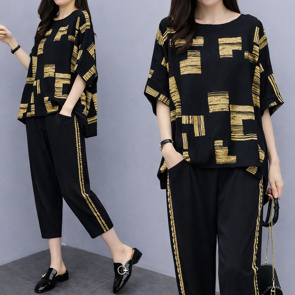 Completo 2 Pezzi Donna Taglie Comode - Top e Pantaloni a Quadri