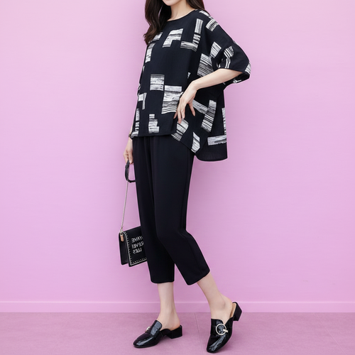 Completo 2 Pezzi Donna Taglie Comode - Top e Pantaloni a Quadri