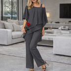 Women's 2-Piece Outfit – Batwing Chiffon Top and Wide-Leg Pants
