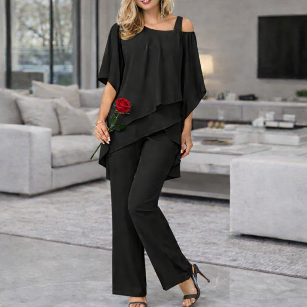 Women's 2-Piece Outfit – Batwing Chiffon Top and Wide-Leg Pants