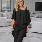 Women's 2-Piece Outfit – Batwing Chiffon Top and Wide-Leg Pants