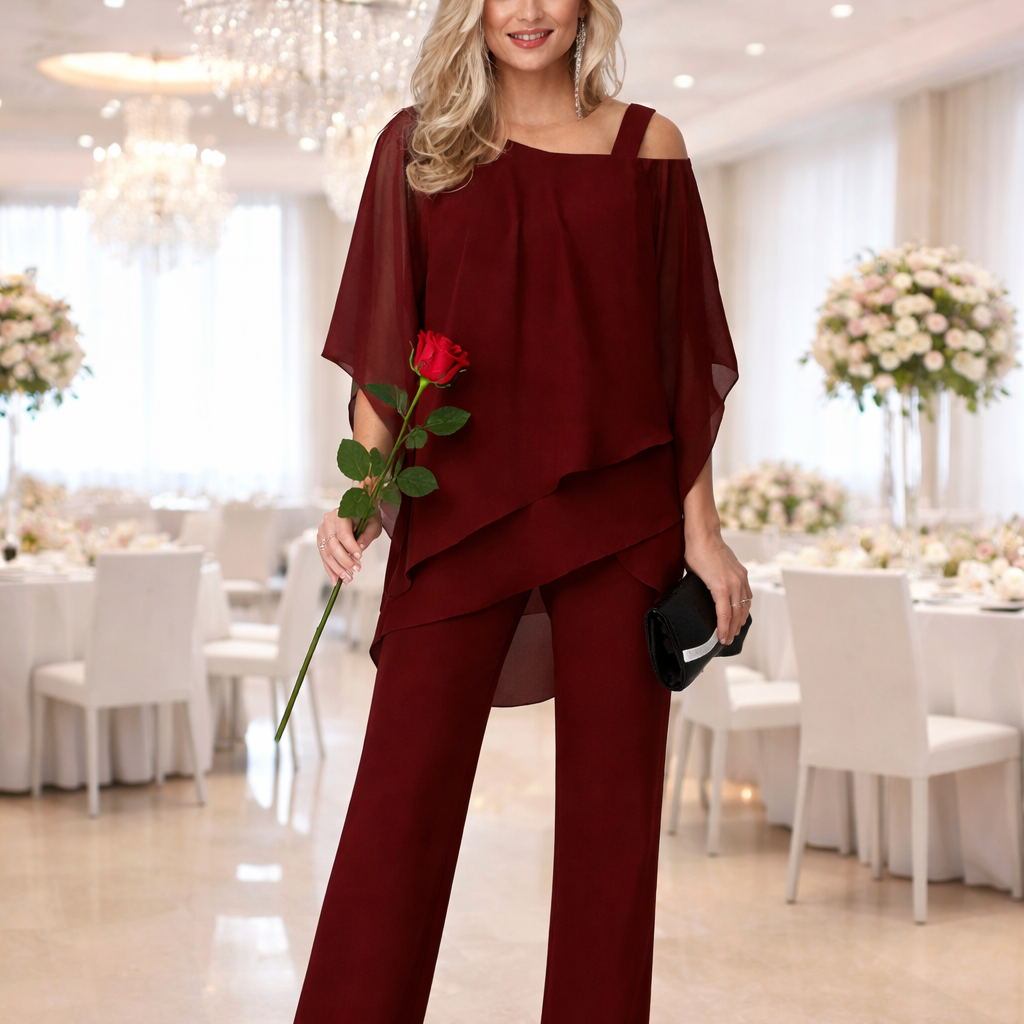 Women's 2-Piece Outfit – Batwing Chiffon Top and Wide-Leg Pants