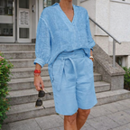 Women's 2-Piece Linen Cotton Outfit - 3/4 Sleeve Shirt and Trousers