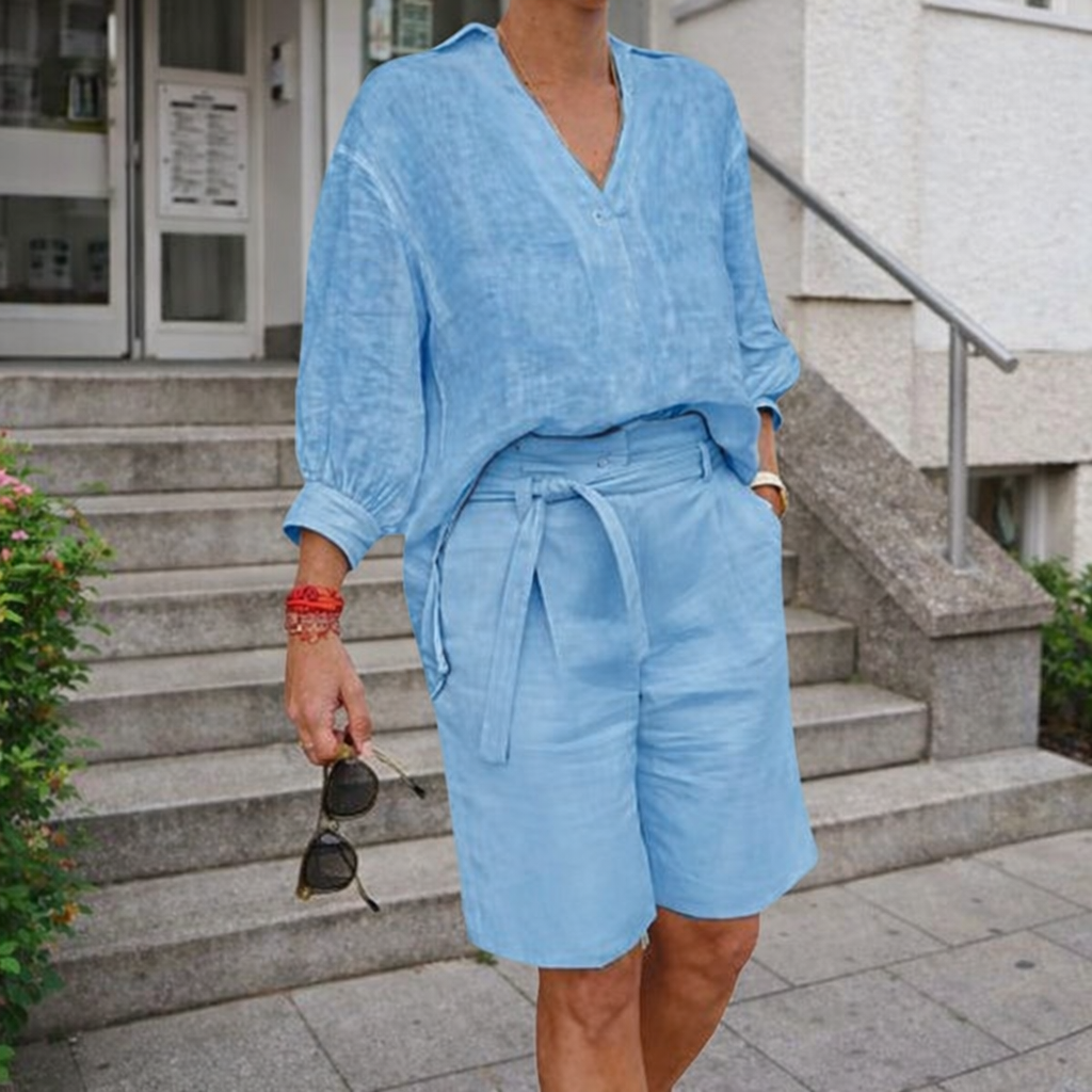 Completo 2 Pezzi Donna Lino Cotone - Camicia Maniche 3/4 e Pantaloni