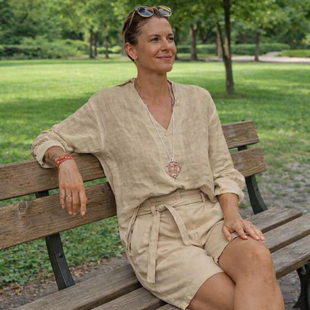 Women's 2-Piece Linen Cotton Outfit - 3/4 Sleeve Shirt and Trousers