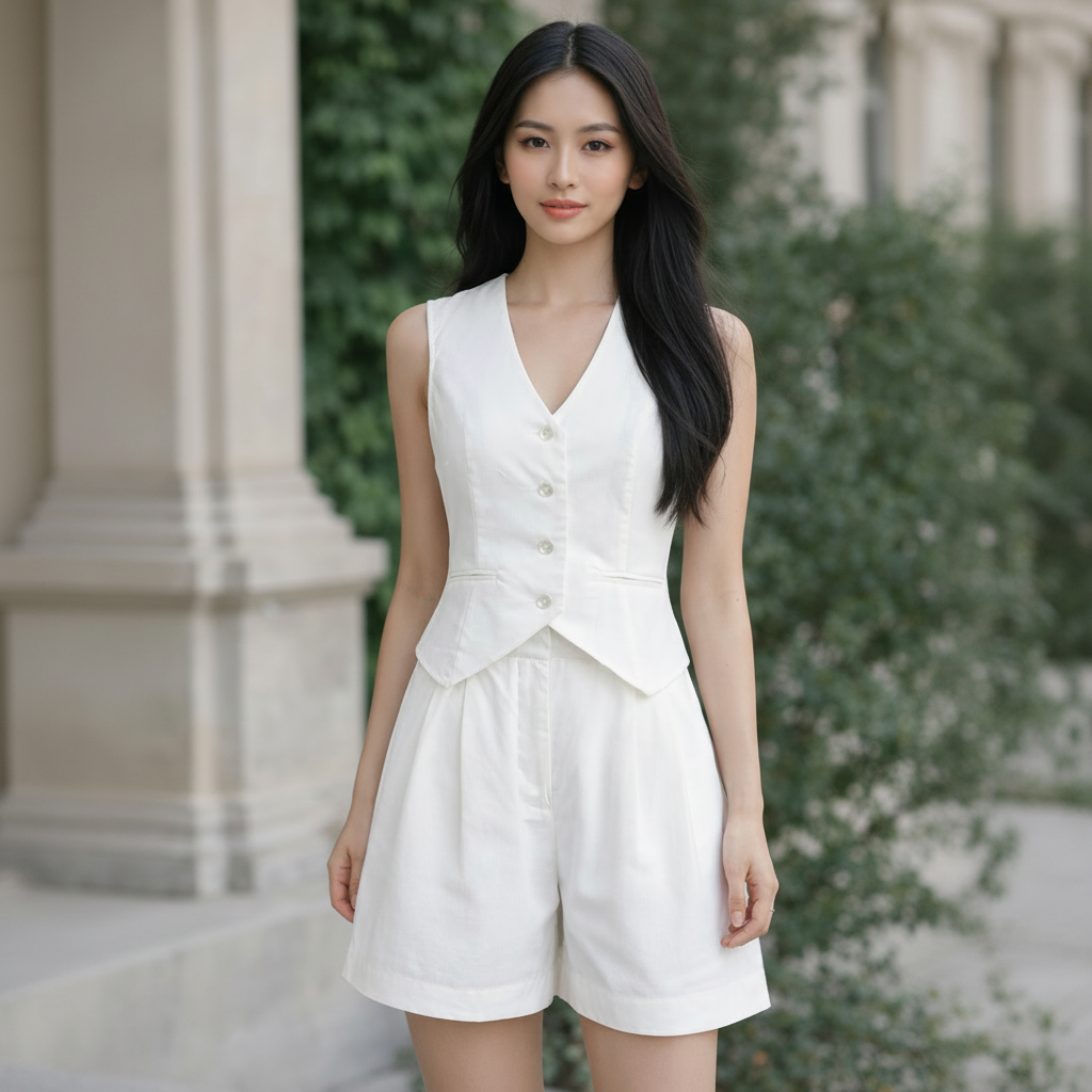 Women's 2-Piece Outfit – Cotton Linen V-Neck Vest and Shorts