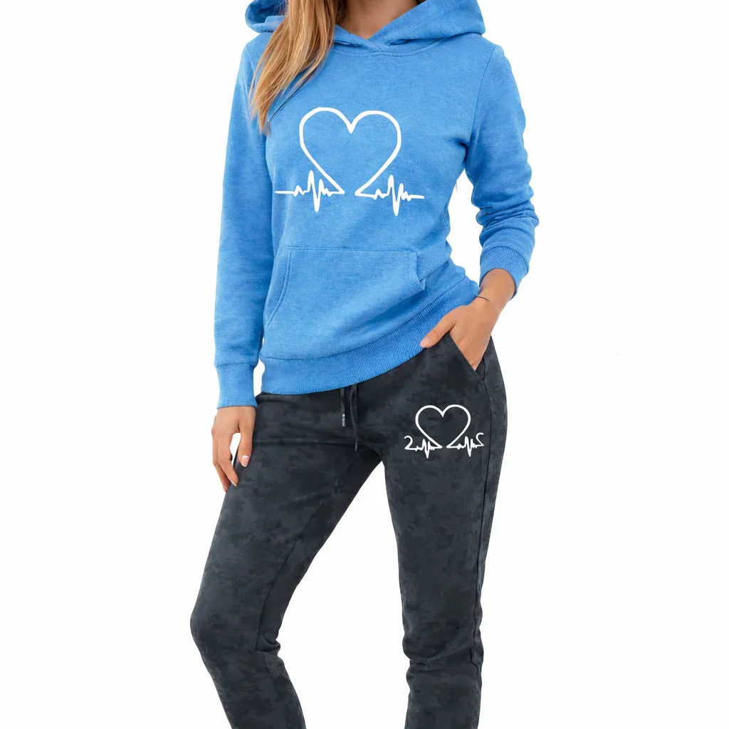 Women's Athletic Set - Hoodie and Heart Print Pants