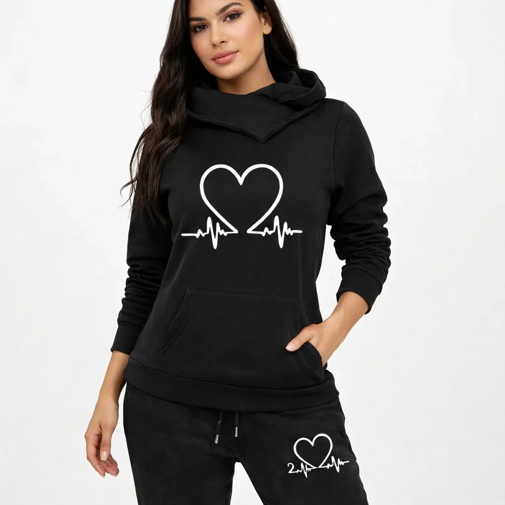 Women's Athletic Set - Hoodie and Heart Print Pants