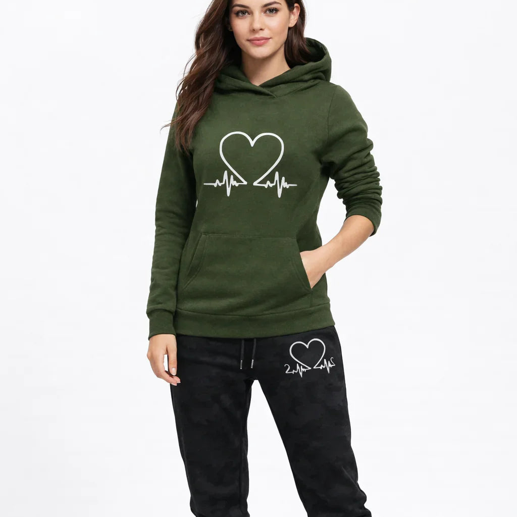 Women's Athletic Set - Hoodie and Heart Print Pants