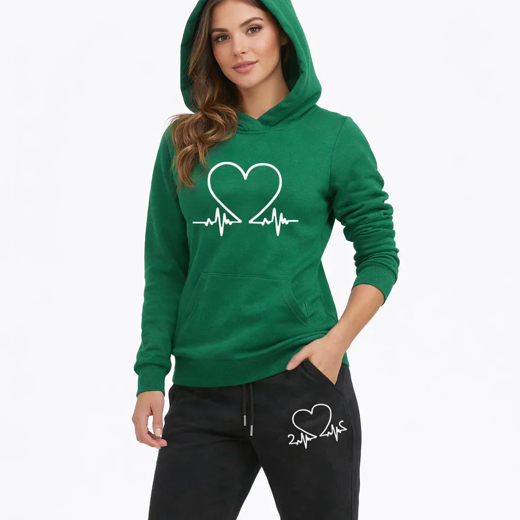 Women's Athletic Set - Hoodie and Heart Print Pants