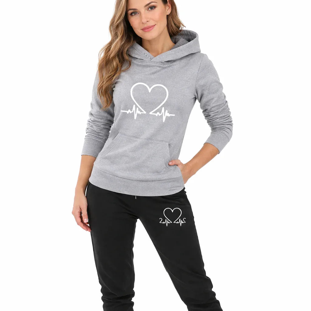 Women's Athletic Set - Hoodie and Heart Print Pants