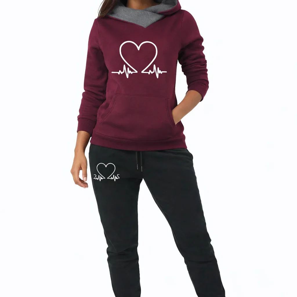 Women's Athletic Set - Hoodie and Heart Print Pants