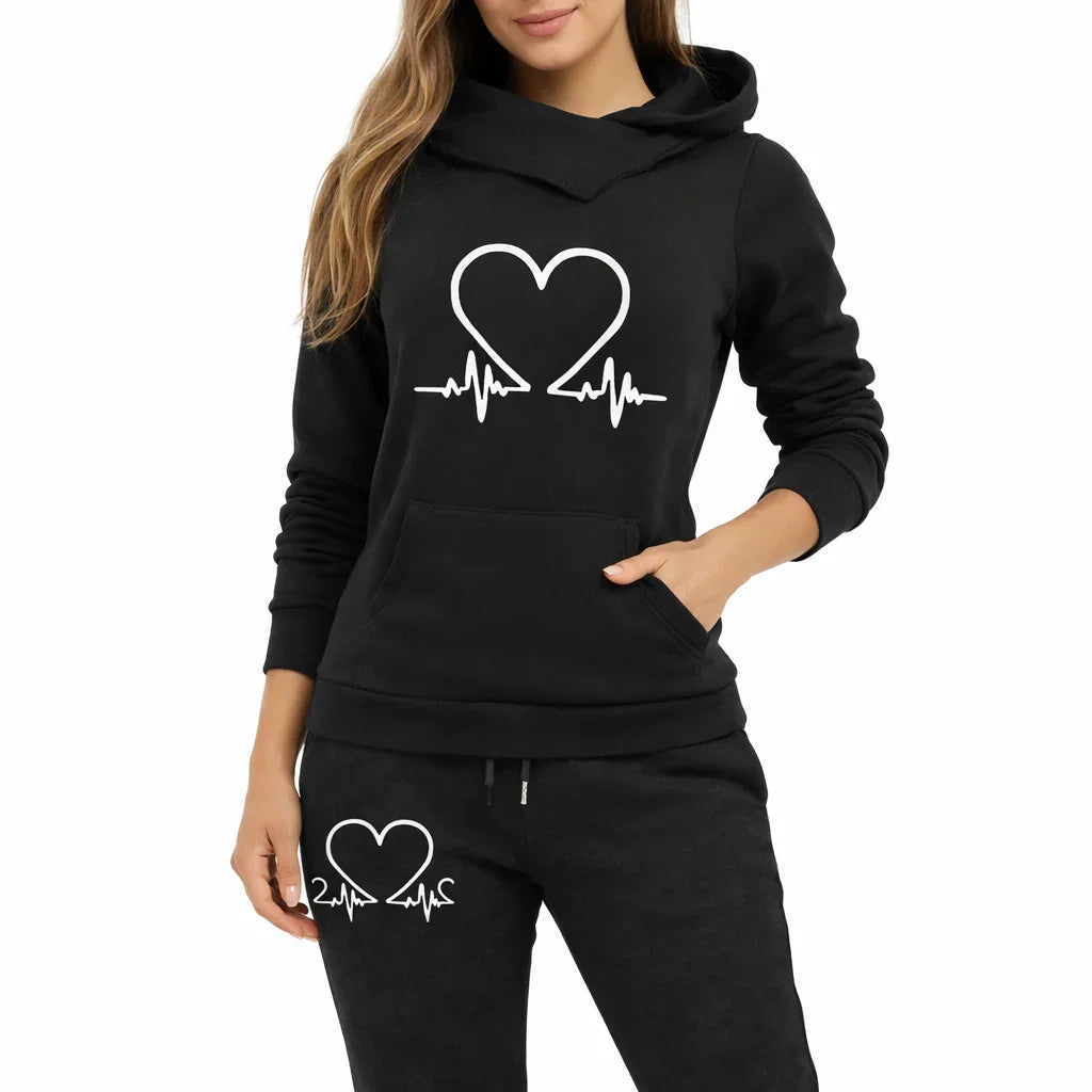 Women's Athletic Set - Hoodie and Heart Print Pants