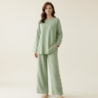 Women's 2-Piece Casual Knitted Set - O-Neck Sweater and Wide-Leg Cotton Pants