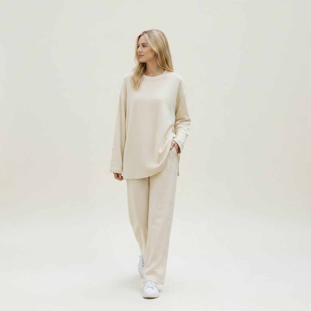 Women's 2-Piece Casual Knitted Set - O-Neck Sweater and Wide-Leg Cotton Pants