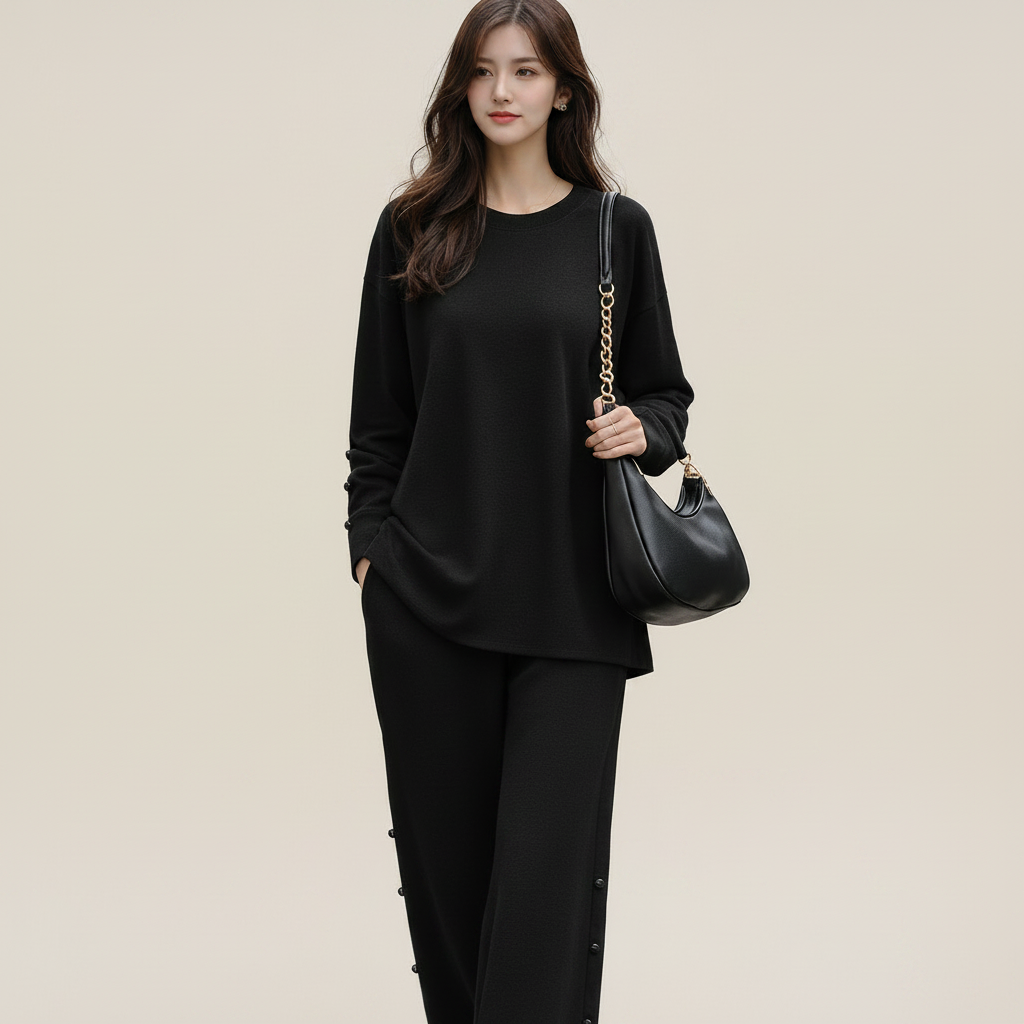 Women's 2-Piece Casual Knitted Set - O-Neck Sweater and Wide-Leg Cotton Pants