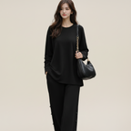 Women's 2-Piece Casual Knitted Set - O-Neck Sweater and Wide-Leg Cotton Pants