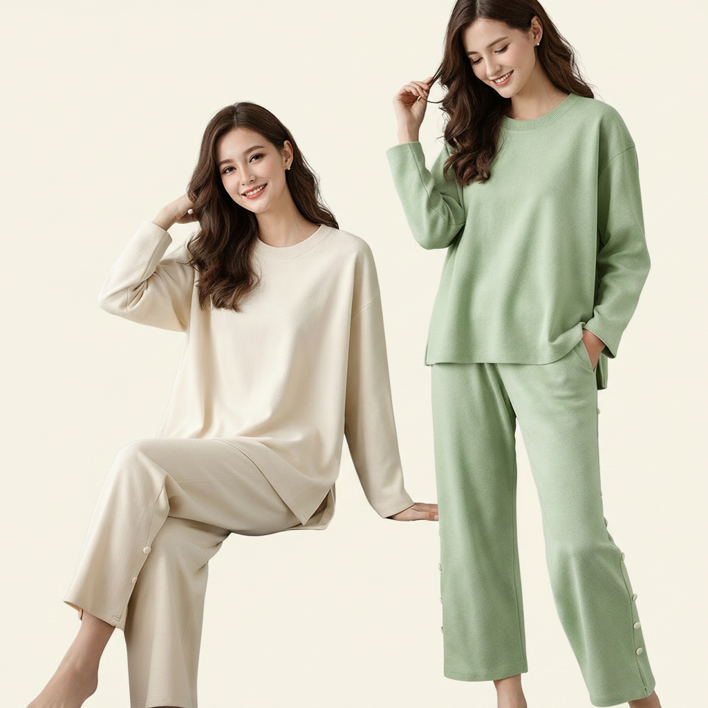 Women's 2-Piece Casual Knitted Set - O-Neck Sweater and Wide-Leg Cotton Pants