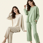 Women's 2-Piece Casual Knitted Set - O-Neck Sweater and Wide-Leg Cotton Pants