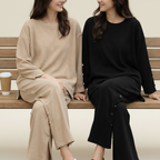Women's 2-Piece Casual Knitted Set - O-Neck Sweater and Wide-Leg Cotton Pants