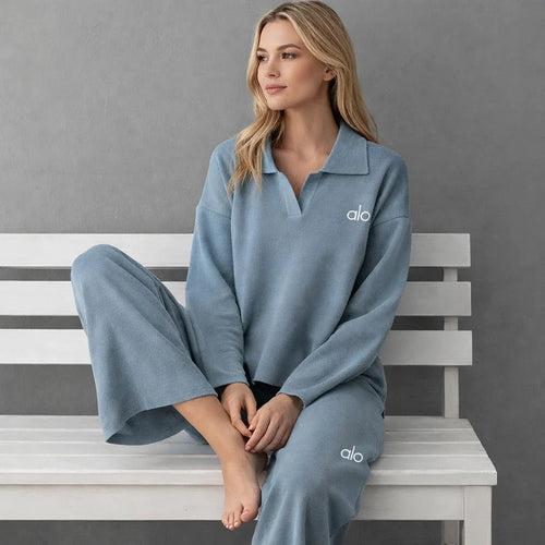 Completo Casual Donna 2 Pezzi - Maglia Polo e Pantaloni Wide-Leg