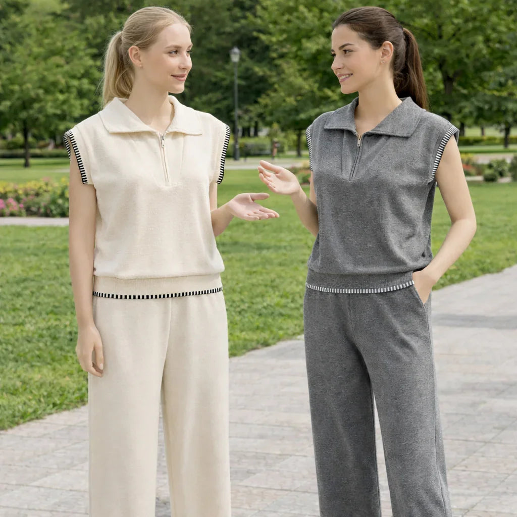 Women's 2-Piece Athletic Set - Half-Zip Top and Wide-Leg Pants