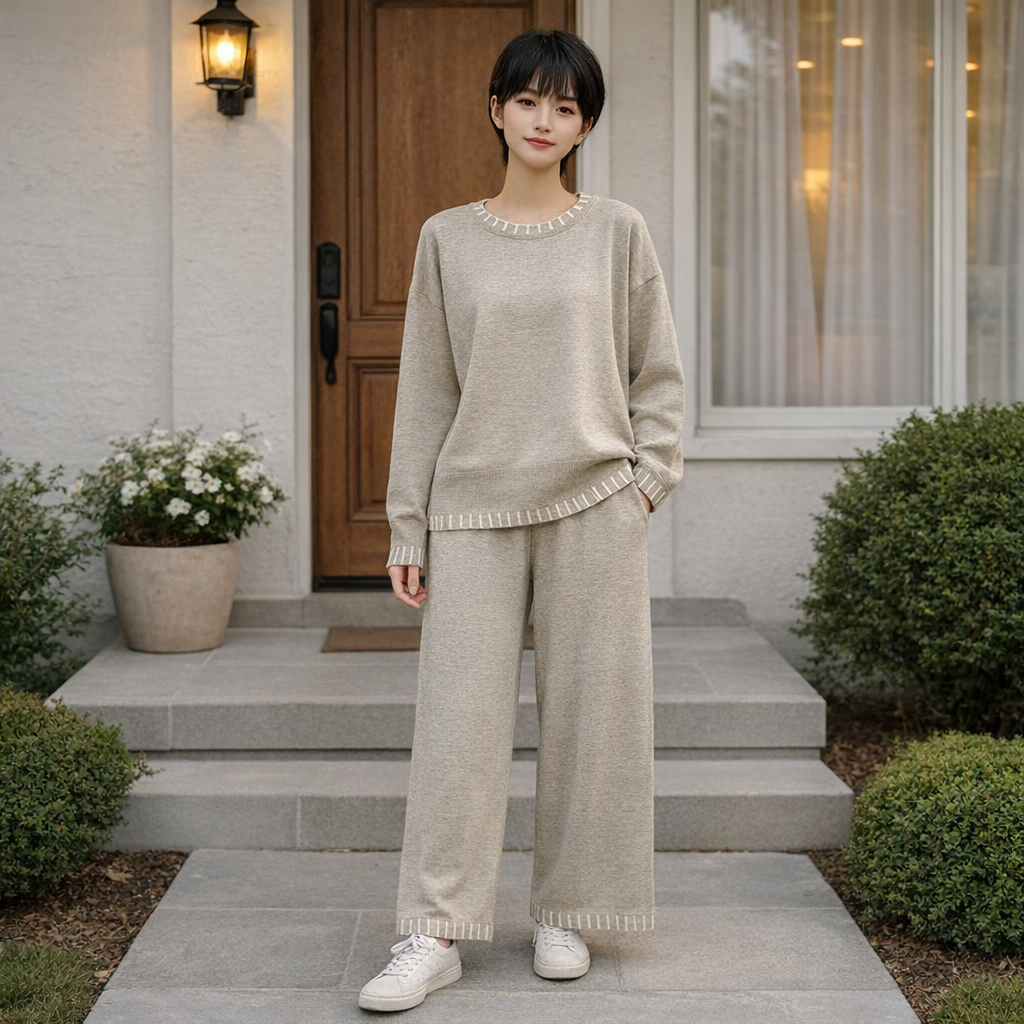 Completo  Donna 2 Pezzi - Maglia Righe Collo Alto e Pantaloni