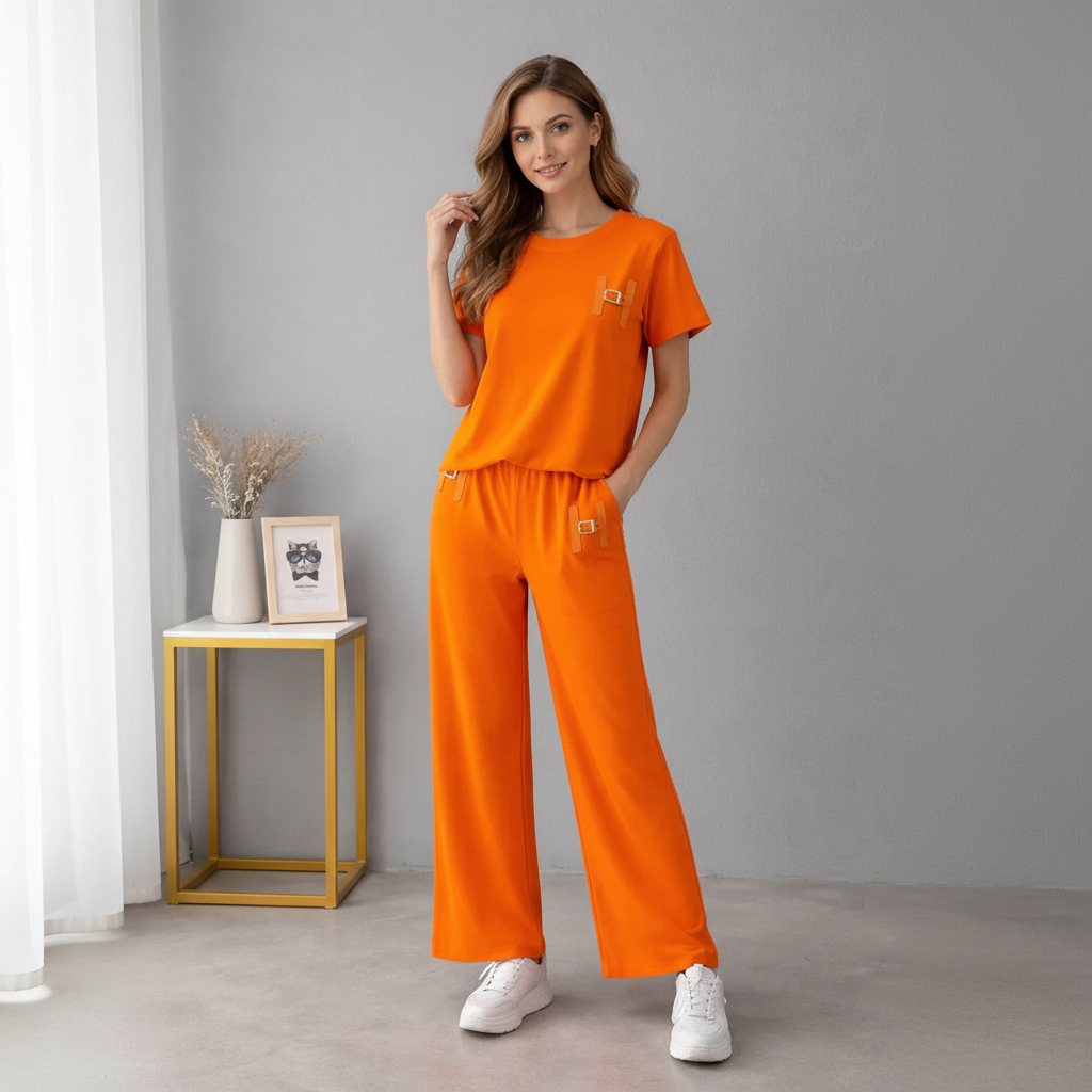 Completo Casual Donna 2 Pezzi - T-shirt Lettering e Pantaloni Wide-Leg
