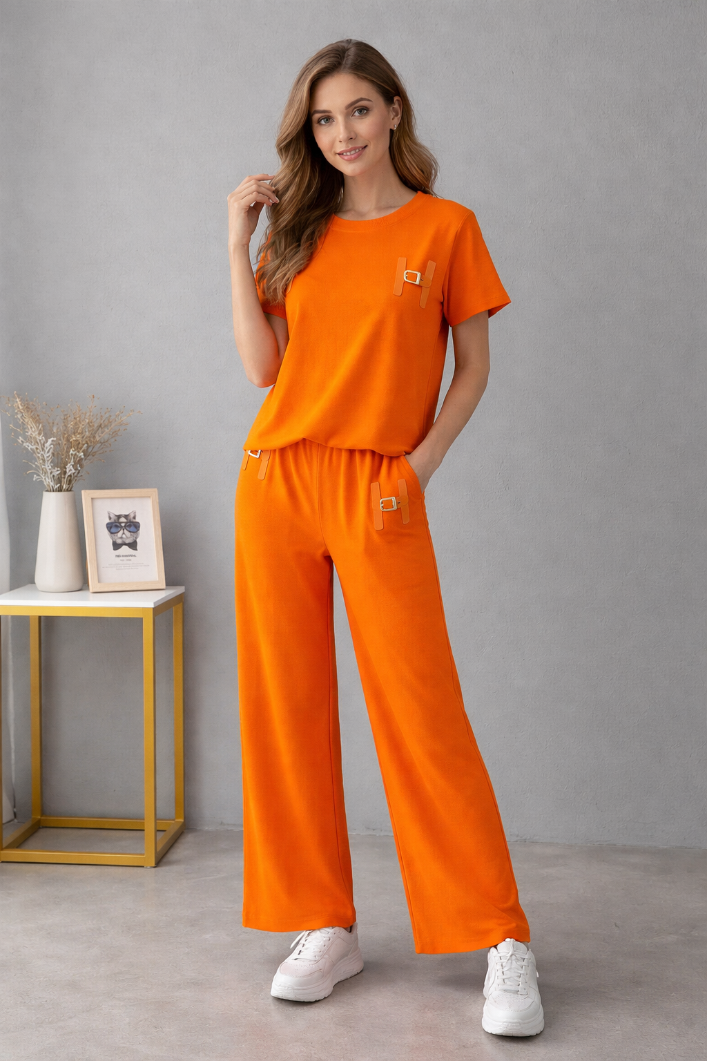 Completo Casual Donna 2 Pezzi - T-shirt Lettering e Pantaloni Wide-Leg