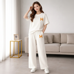 Completo Casual Donna 2 Pezzi - T-shirt Lettering e Pantaloni Wide-Leg