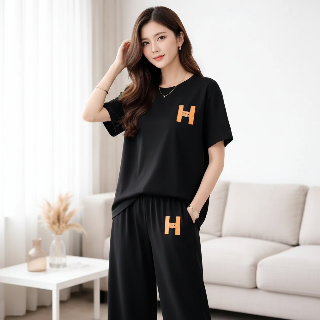 Completo Casual Donna 2 Pezzi - T-shirt Lettering e Pantaloni Wide-Leg