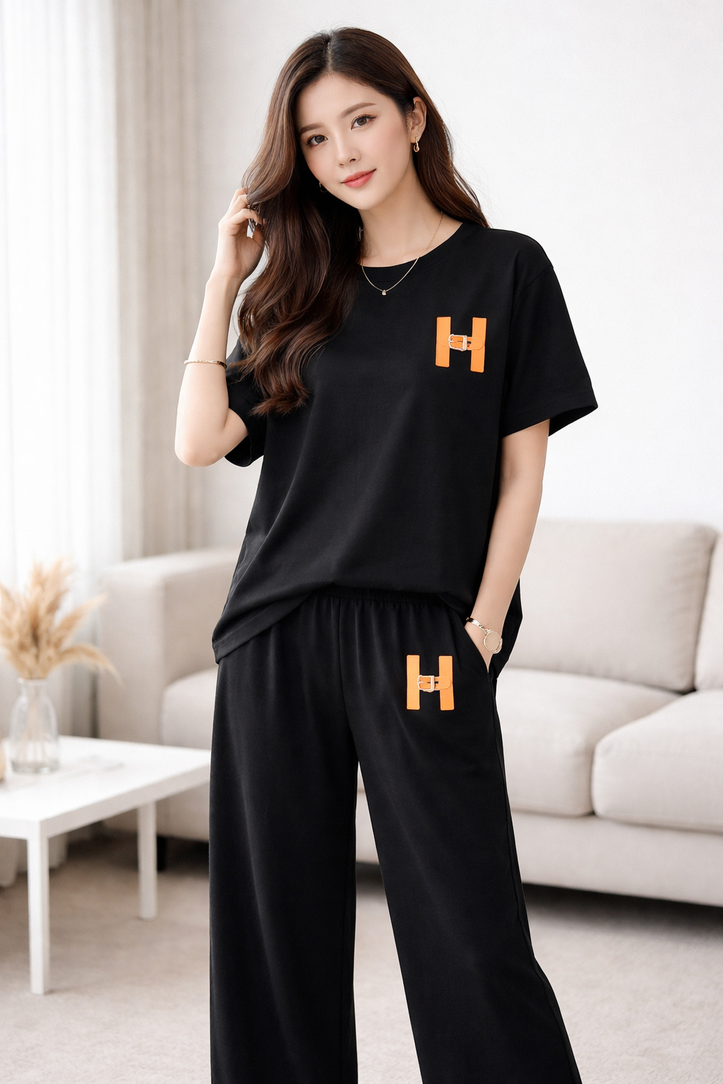 Completo Casual Donna 2 Pezzi - T-shirt Lettering e Pantaloni Wide-Leg