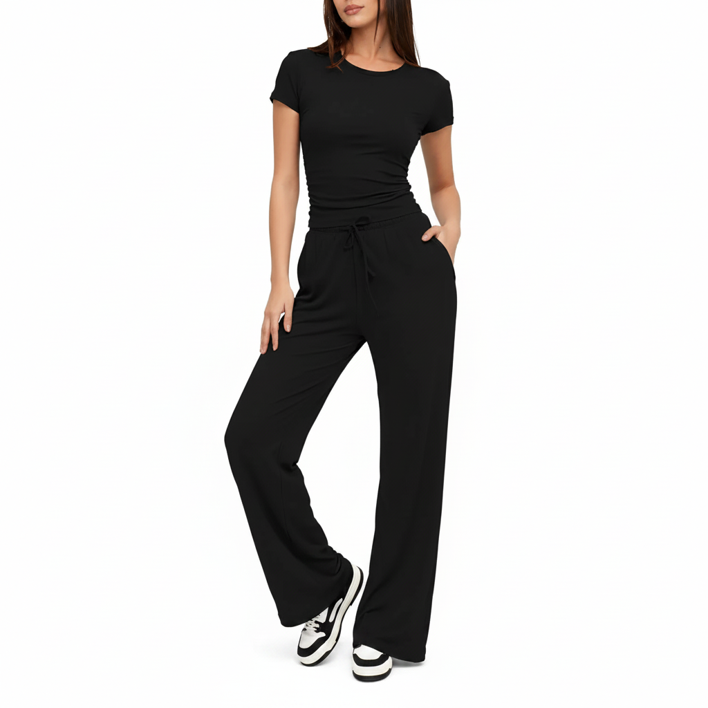 Completo Casual Donna 2 Pezzi - Top Plissettato e Pantaloni Wide-Leg Vita Alta