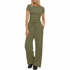 Completo Casual Donna 2 Pezzi - Top Plissettato e Pantaloni Wide-Leg Vita Alta