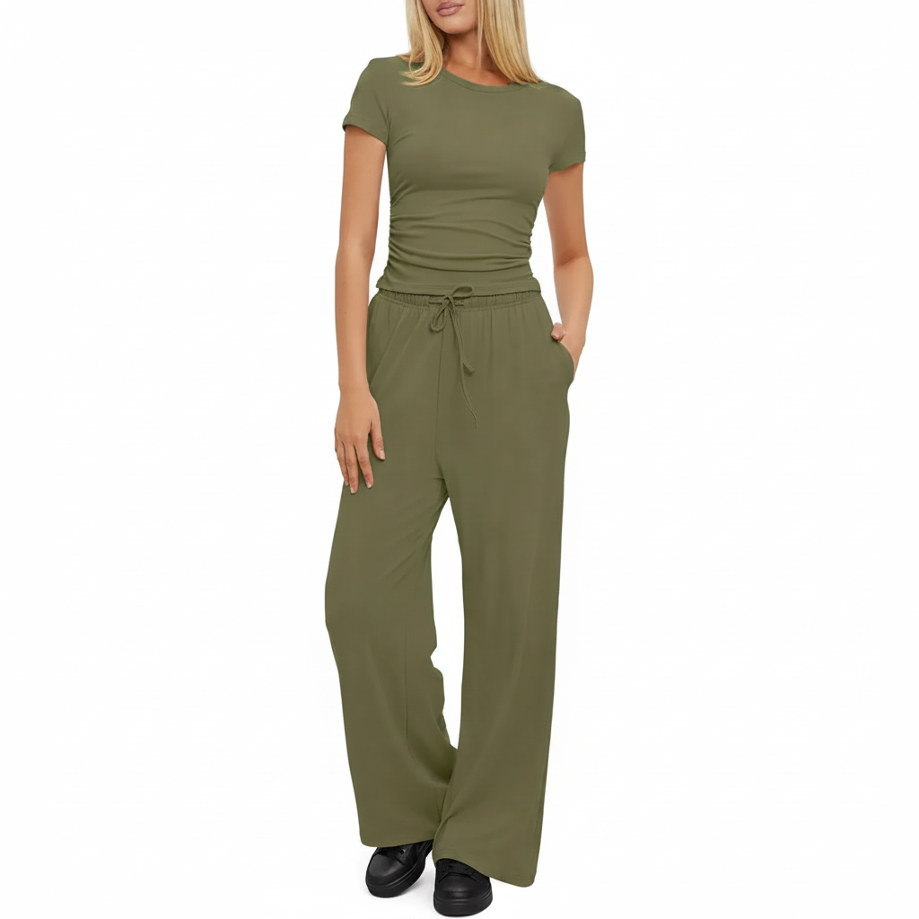 Completo Casual Donna 2 Pezzi - Top Plissettato e Pantaloni Wide-Leg Vita Alta