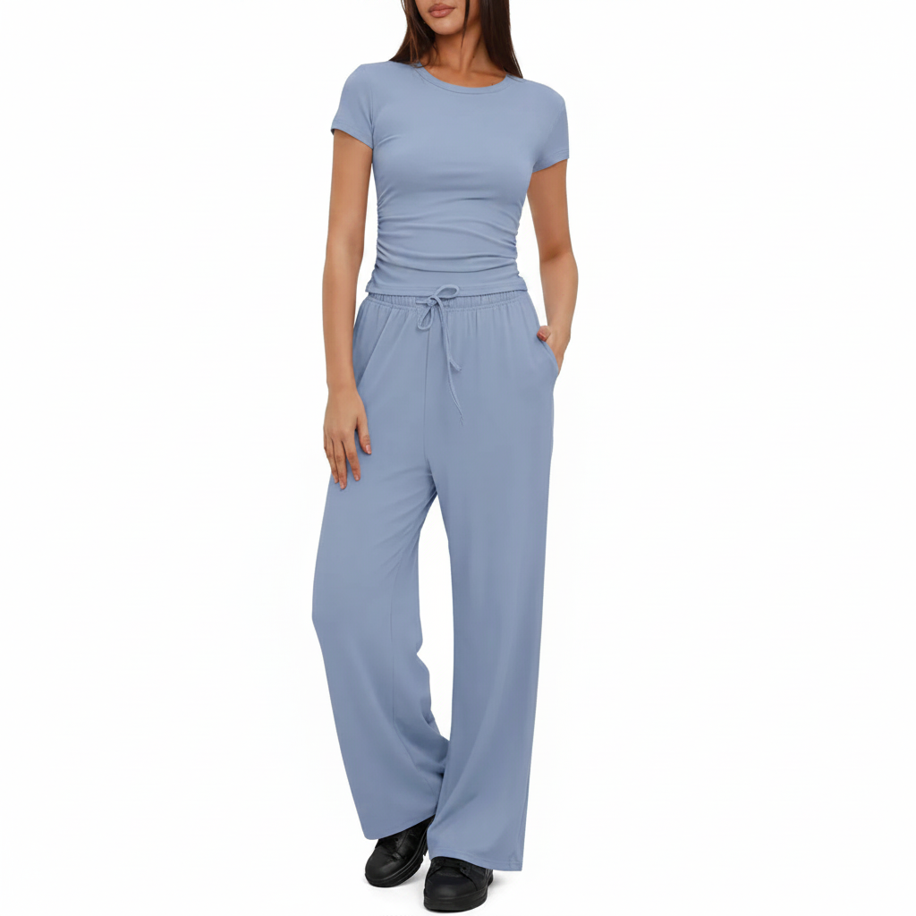 Completo Casual Donna 2 Pezzi - Top Plissettato e Pantaloni Wide-Leg Vita Alta