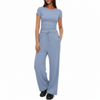 Completo Casual Donna 2 Pezzi - Top Plissettato e Pantaloni Wide-Leg Vita Alta