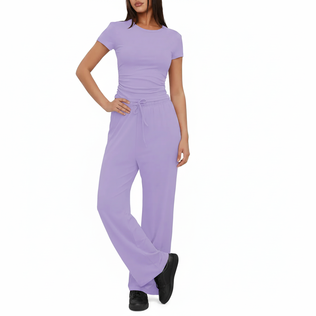 Completo Casual Donna 2 Pezzi - Top Plissettato e Pantaloni Wide-Leg Vita Alta